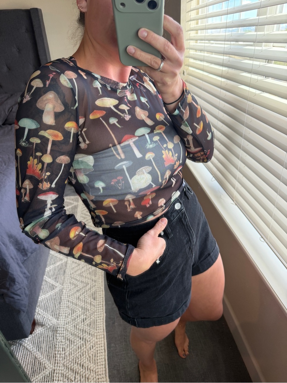 WoWo Mushroom Print Sheer Long-Sleeve Top - Black